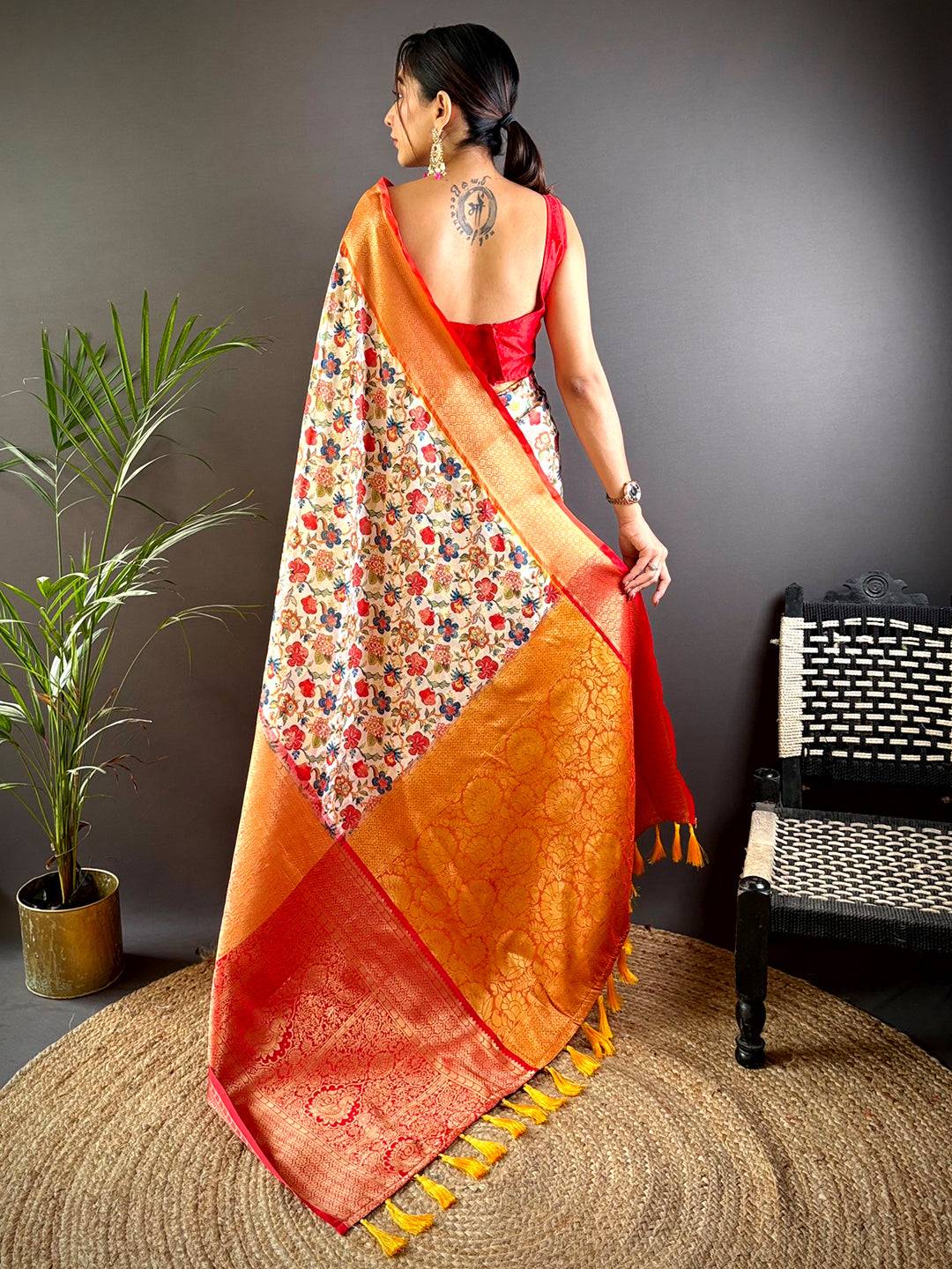 Cream Banarasi Silk Saree With Kanchi Pattu Border by My Store