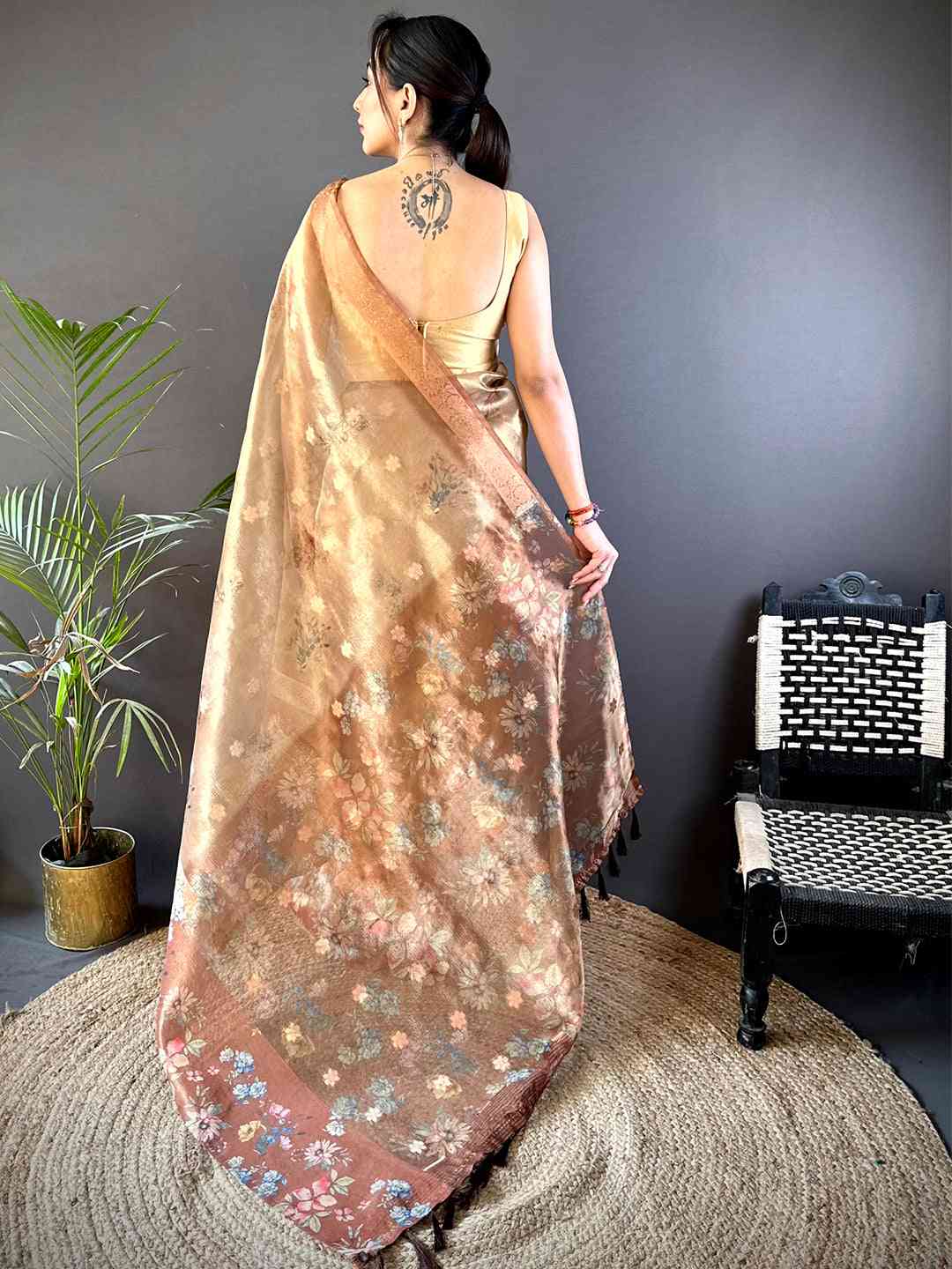 Mustard Tissue Digital Floral Saree by My Store