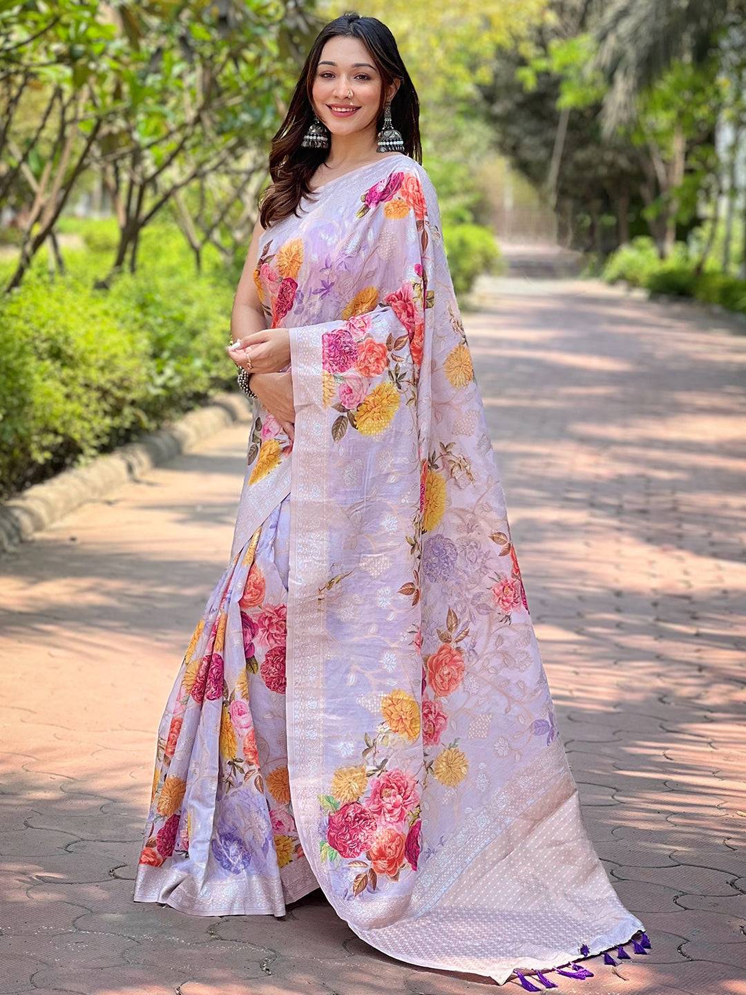 Lavender Lakhnavi Bandla Zari Weaving Saree by My Store