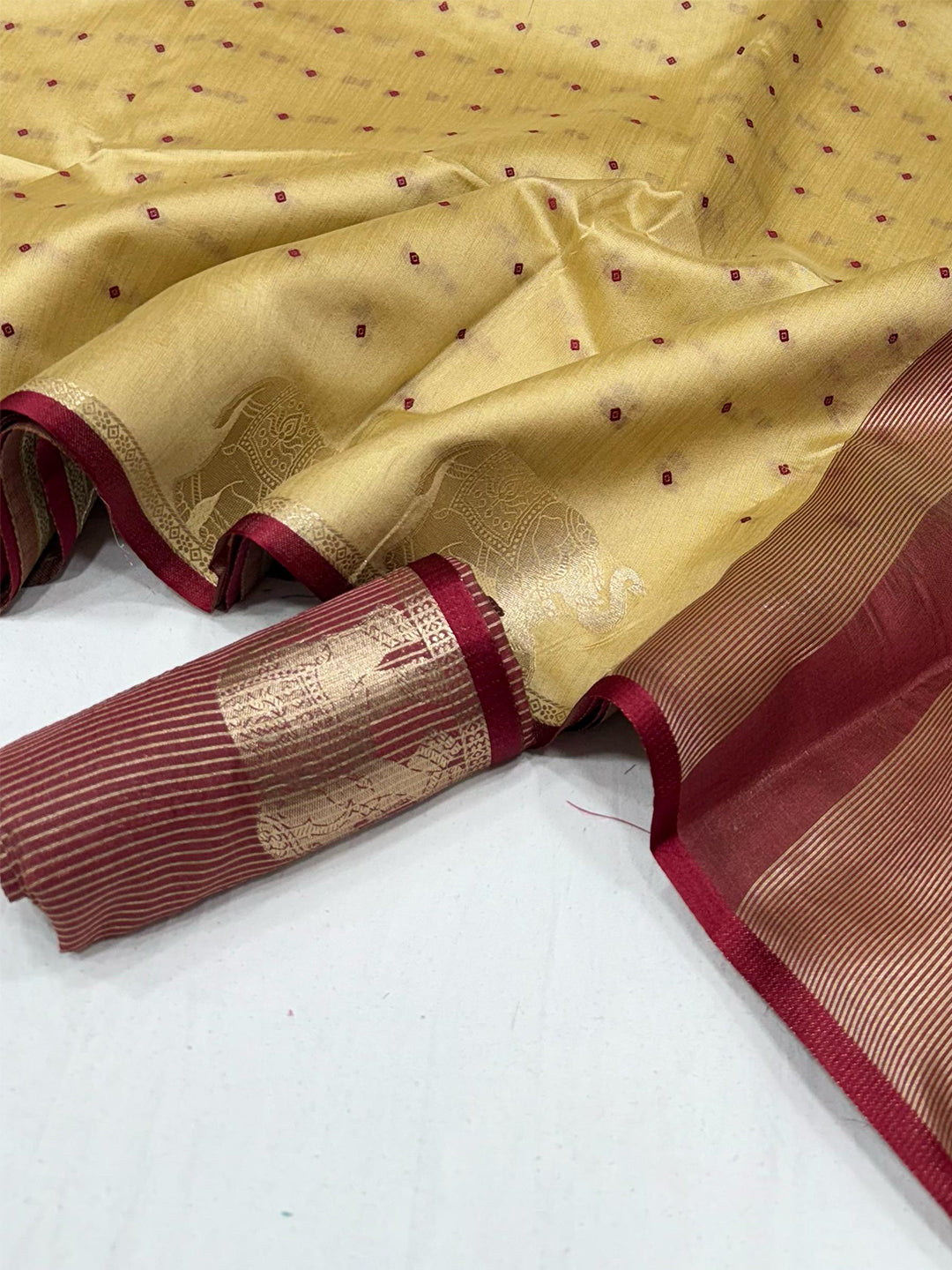 Cream Pure Silk Bandhani Butti Saree by My Store