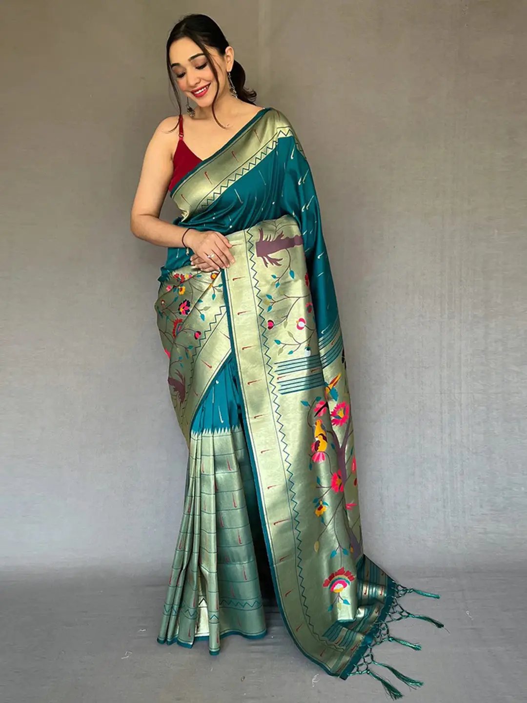 Teal Colour Paithani Big Border Zari Woven Saree by My Store
