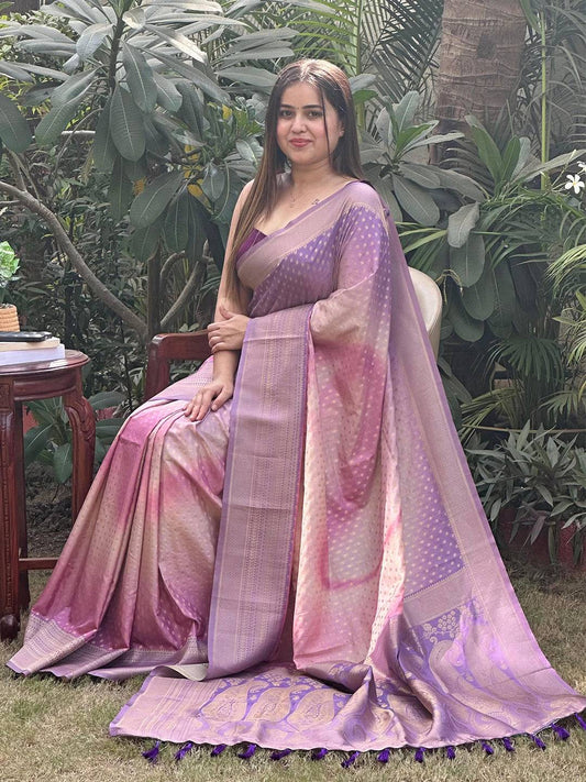 Violet Soft Silk Banarasi Ombre Print Saree