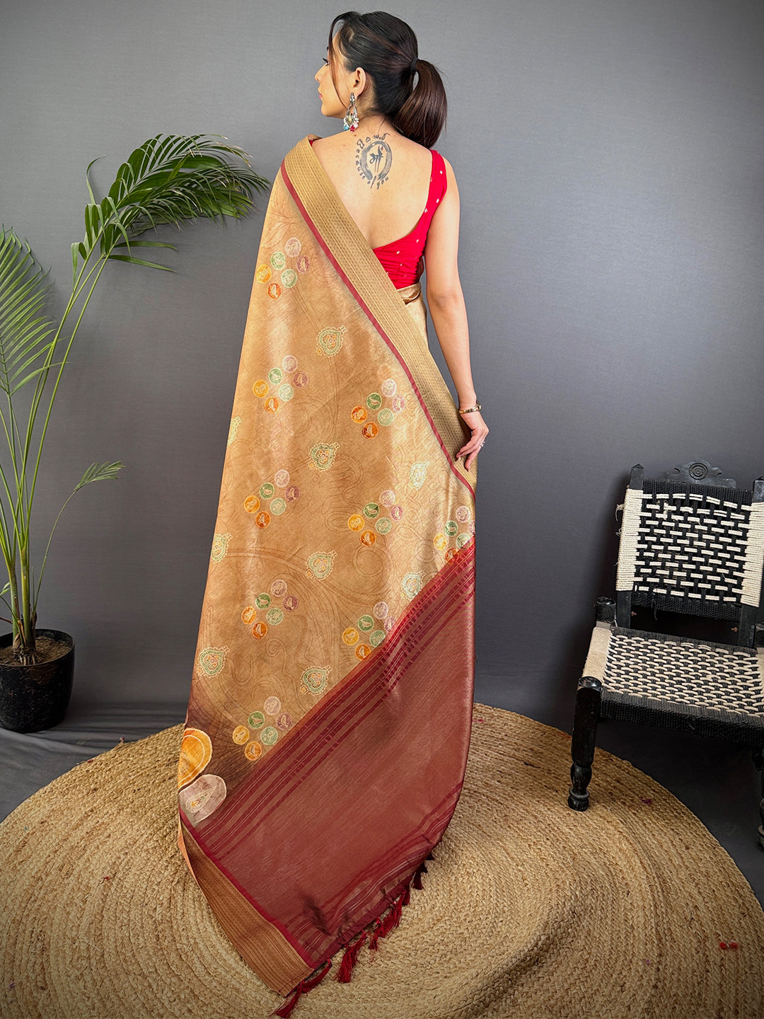 Light Brown Tussar Silk Kalamkari Print Saree by My Store