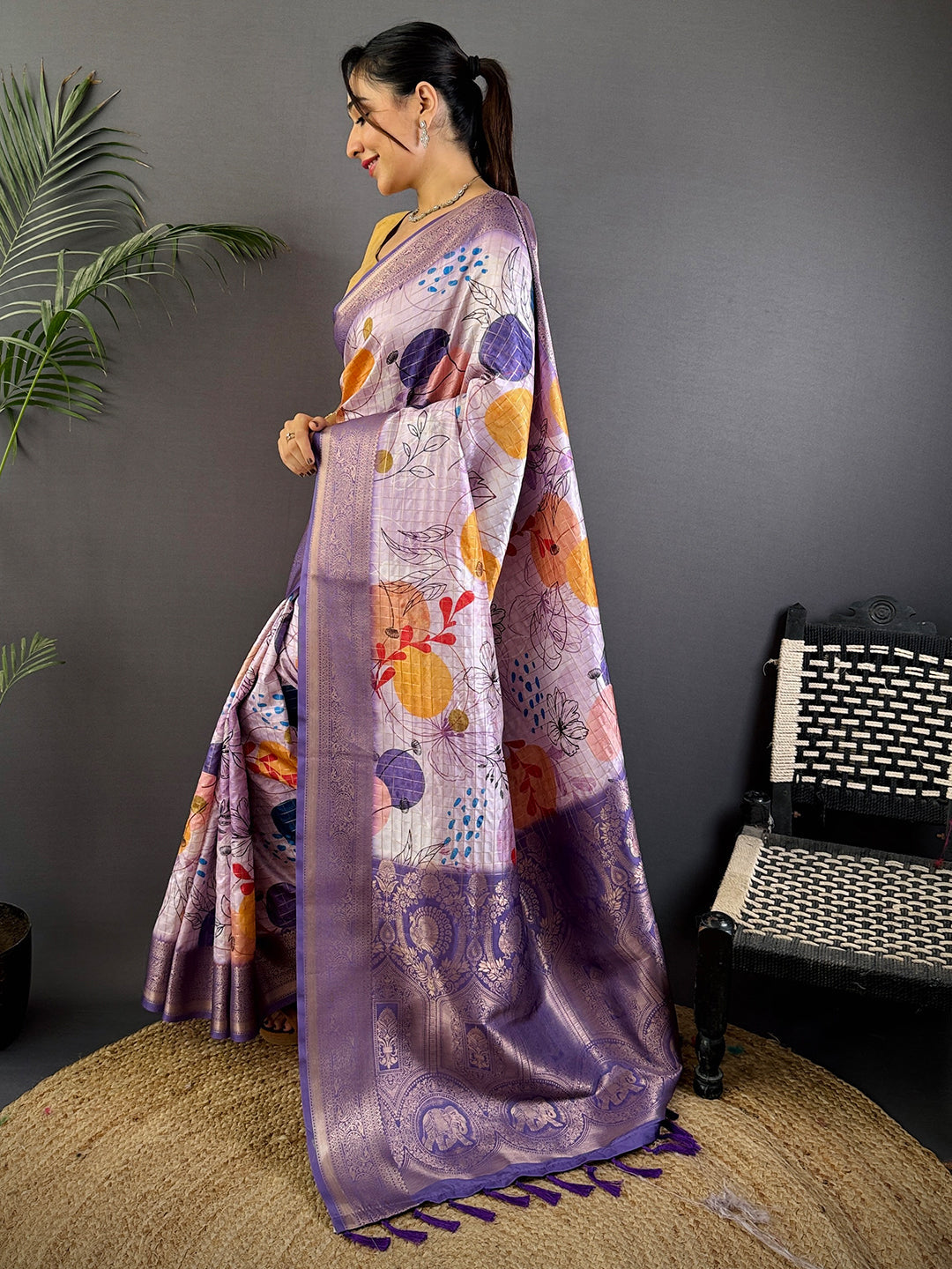 Lavender Freehand Design Gadwal Saree by My Store