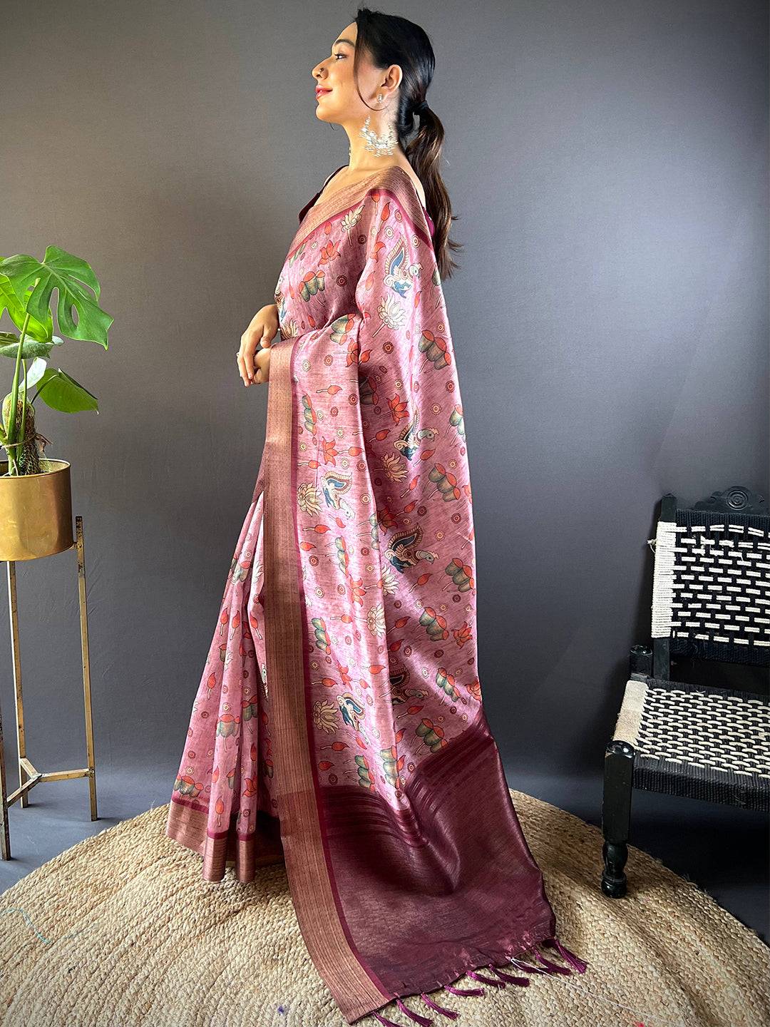Brown Kalamkari Tussar Silk Saree by My Store