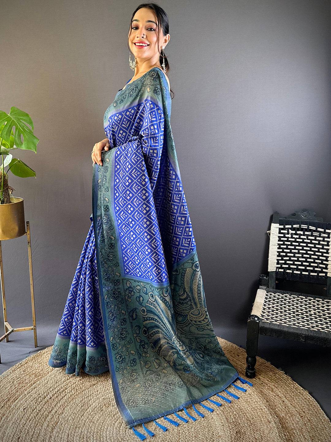 Indigo Patola Kalamkari Saree by My Store