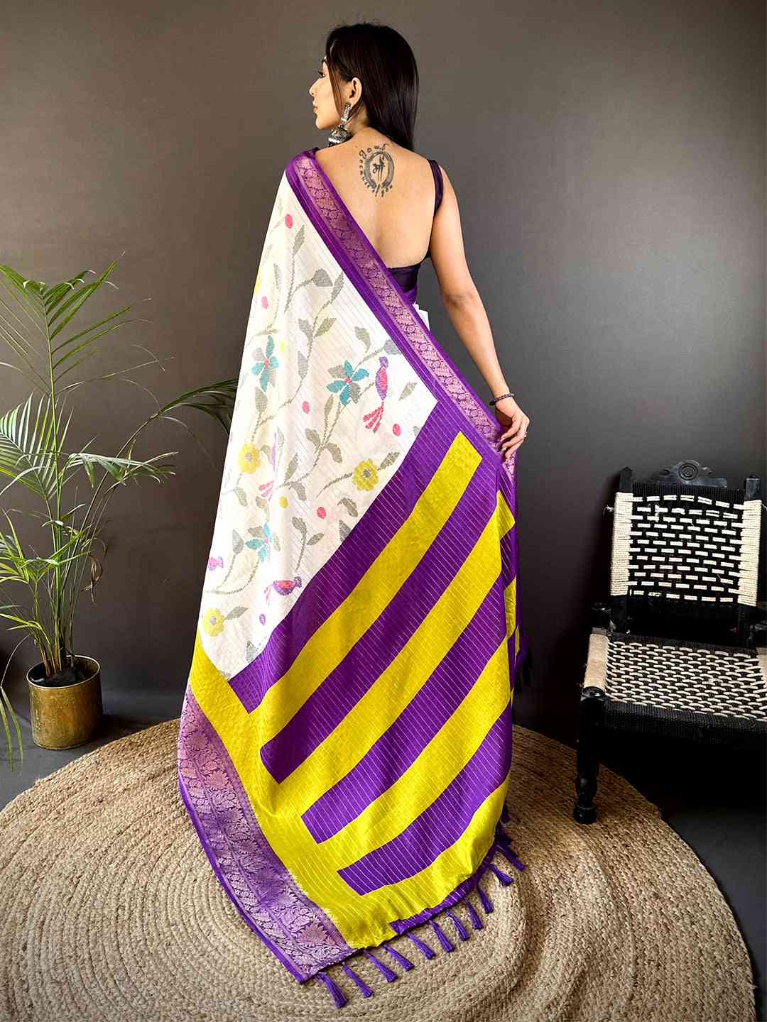 Purple Dola Silk Bird Print Saree by My Store