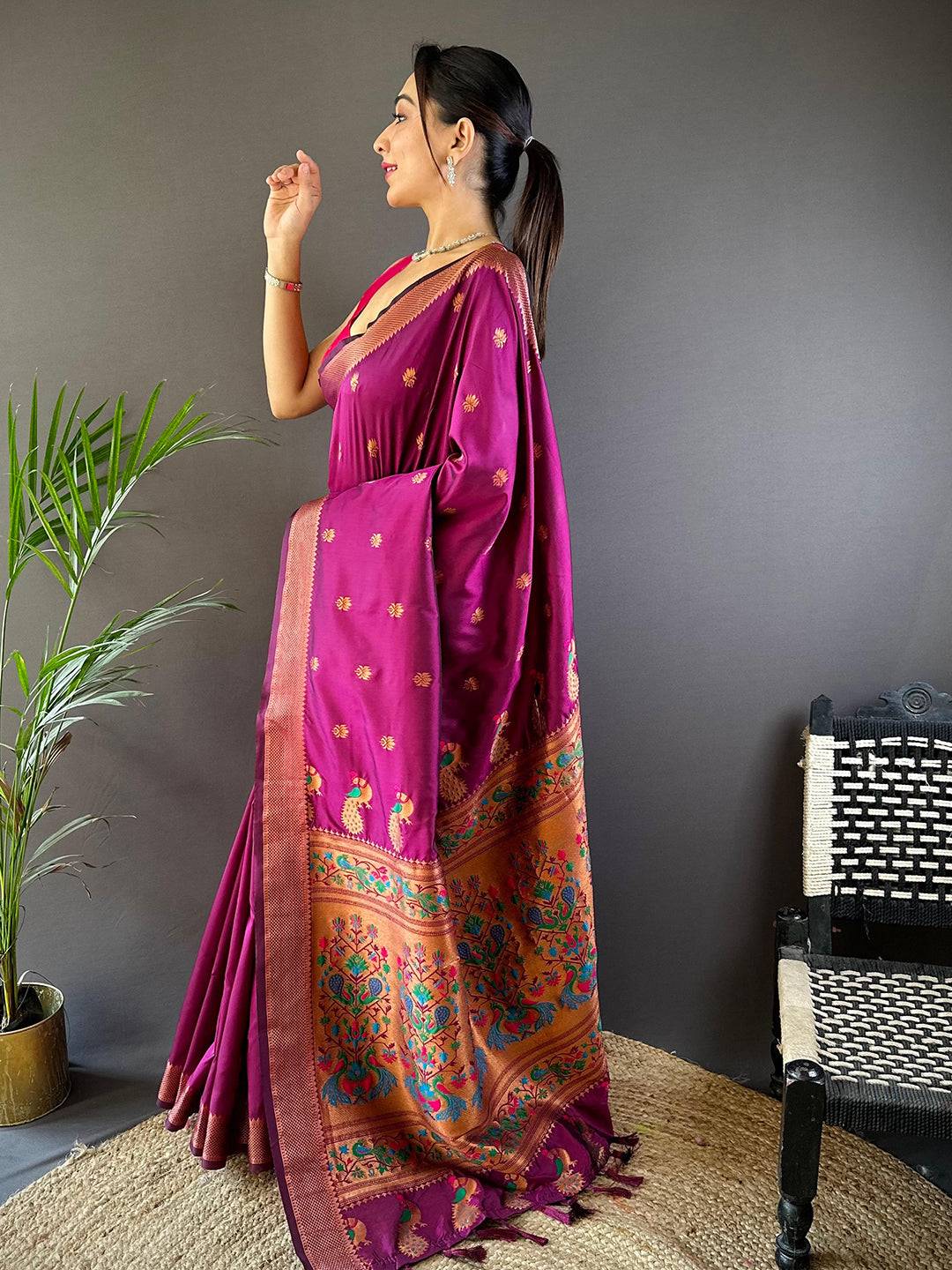 Copper Allure Soft Silk Wine Saree by My Store