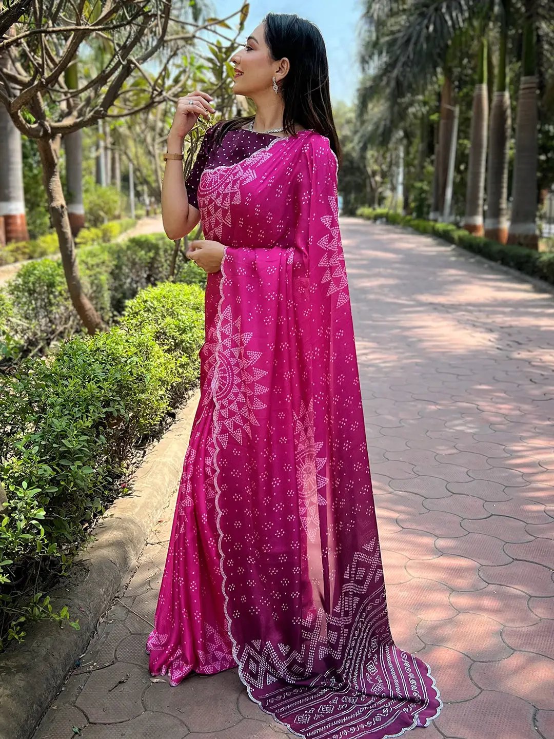 Rani Georgette Silk Saree with Ombre Bandhej Print & Swaroski Stone Work