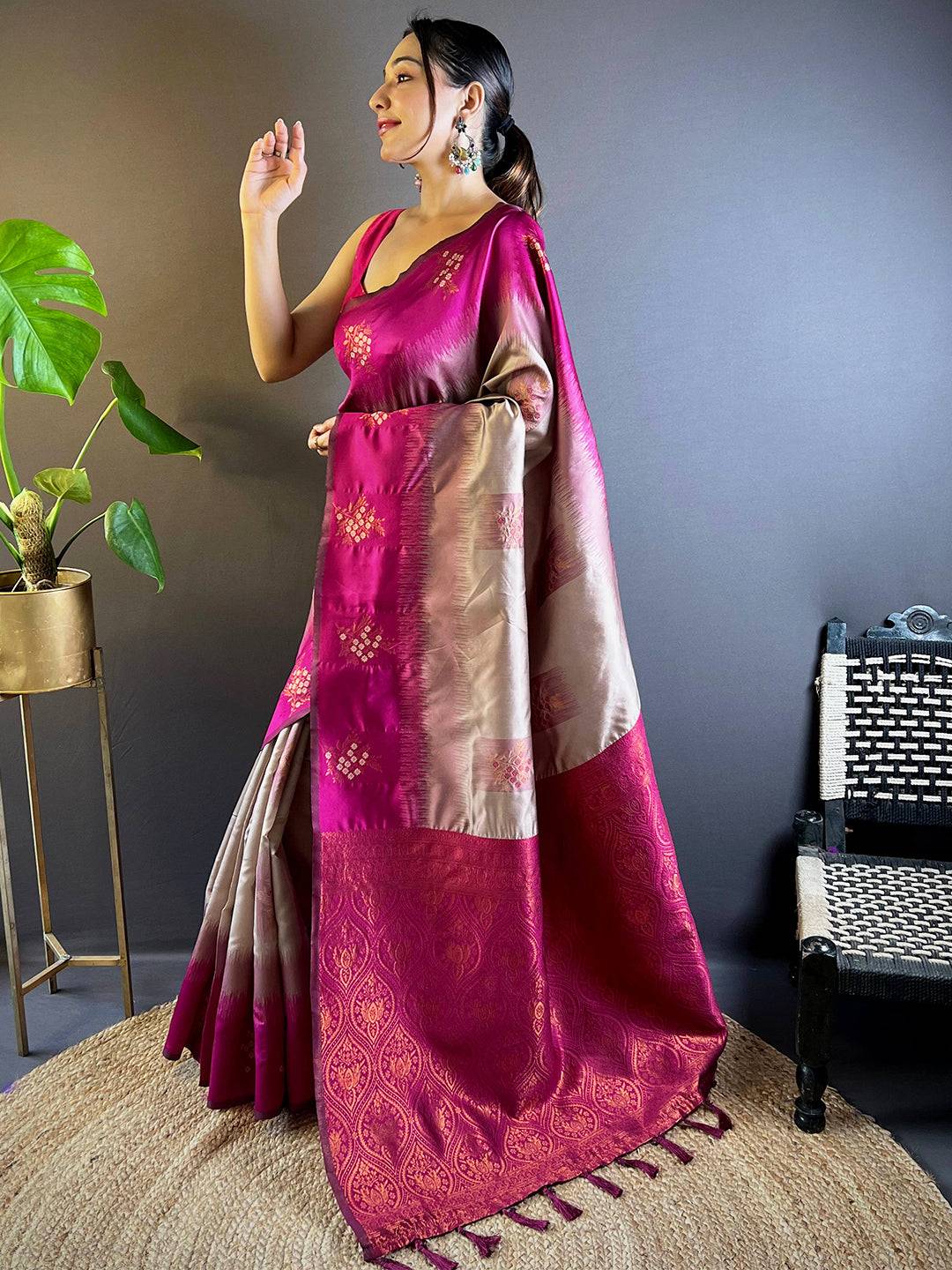 Magenta Sami Banarasi Tussar Silk Saree by My Store