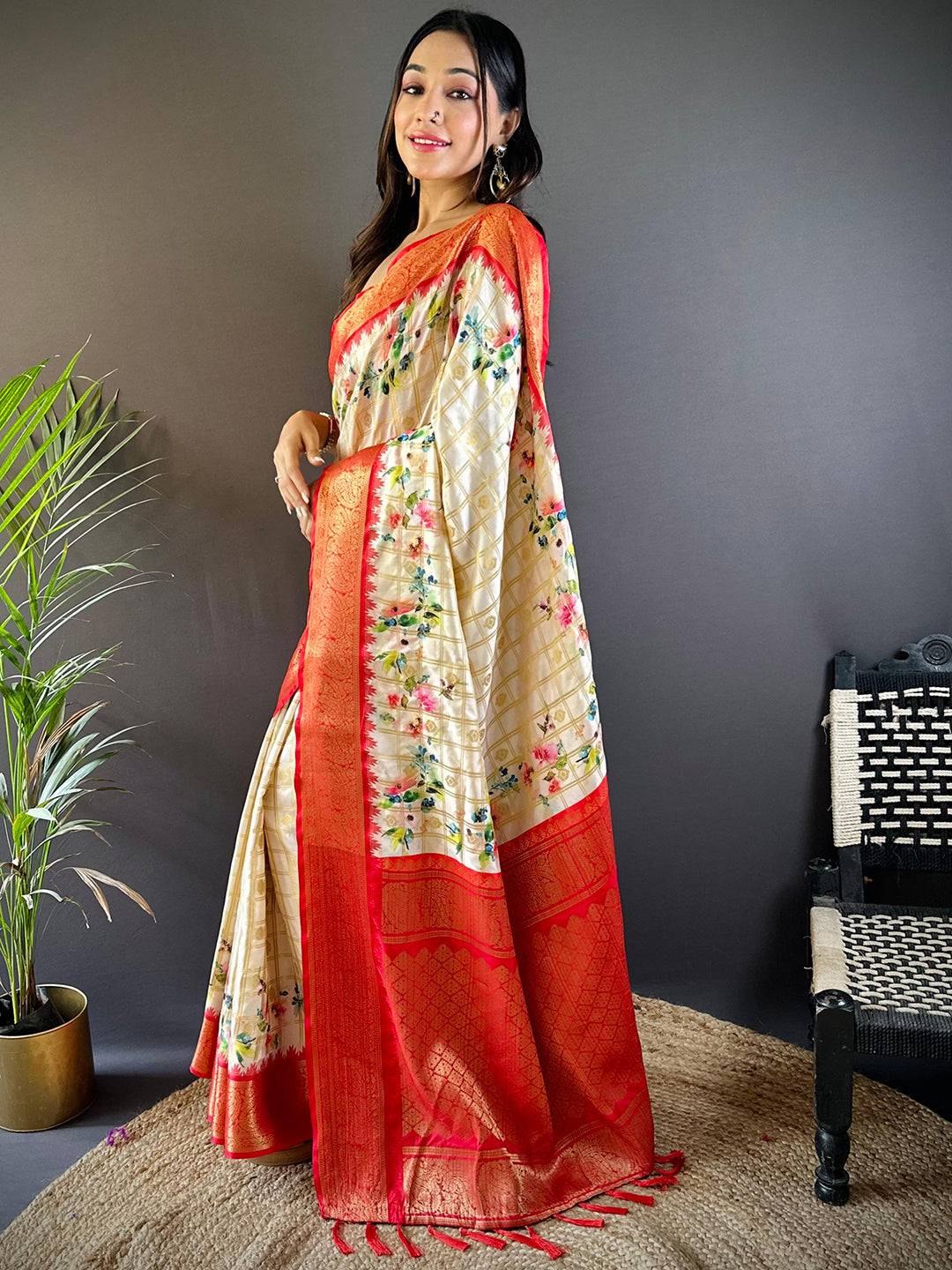 Red Kovai Rettapet Border Digital Print Saree by My Store