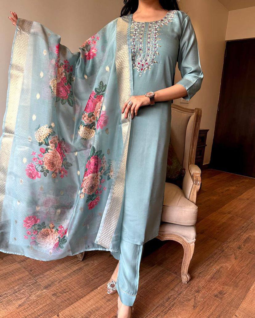 Readymade Viscos Blue Kurta Set