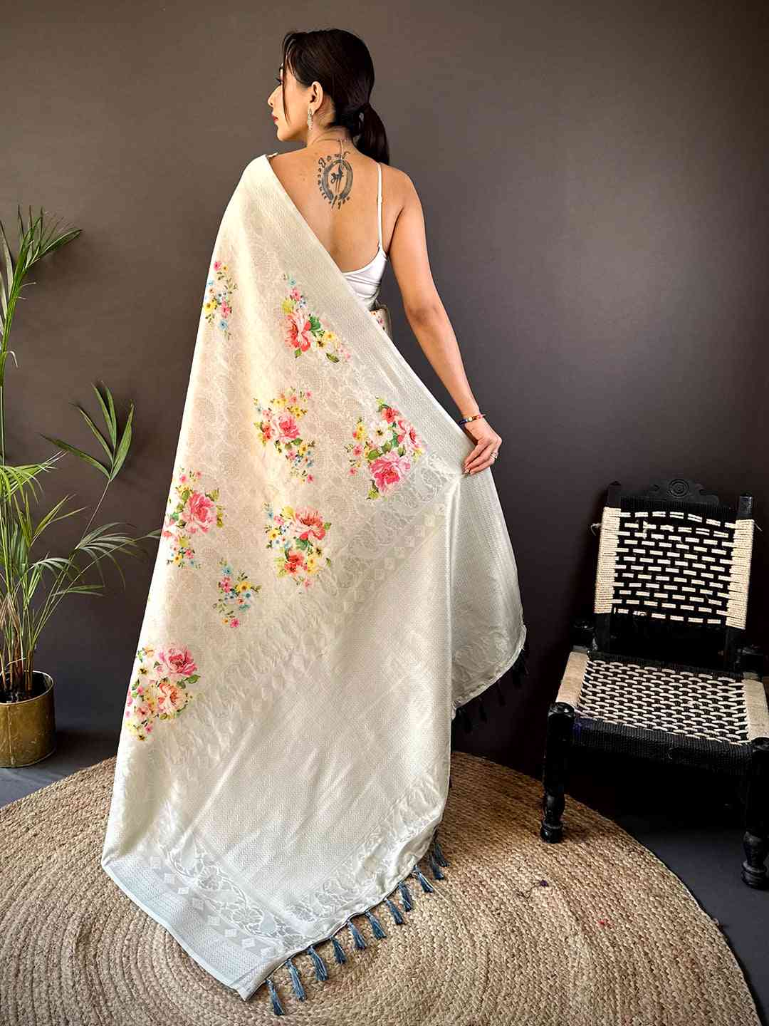 Off White Kanjivaram Digital Silk Saree by My Store