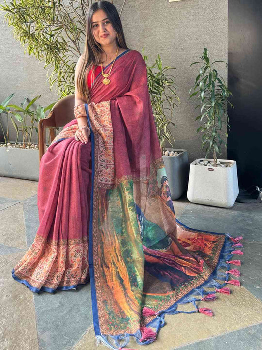 Burgundy Colour Ikkat Print Saree With kalamkari Block Print Design by My Store