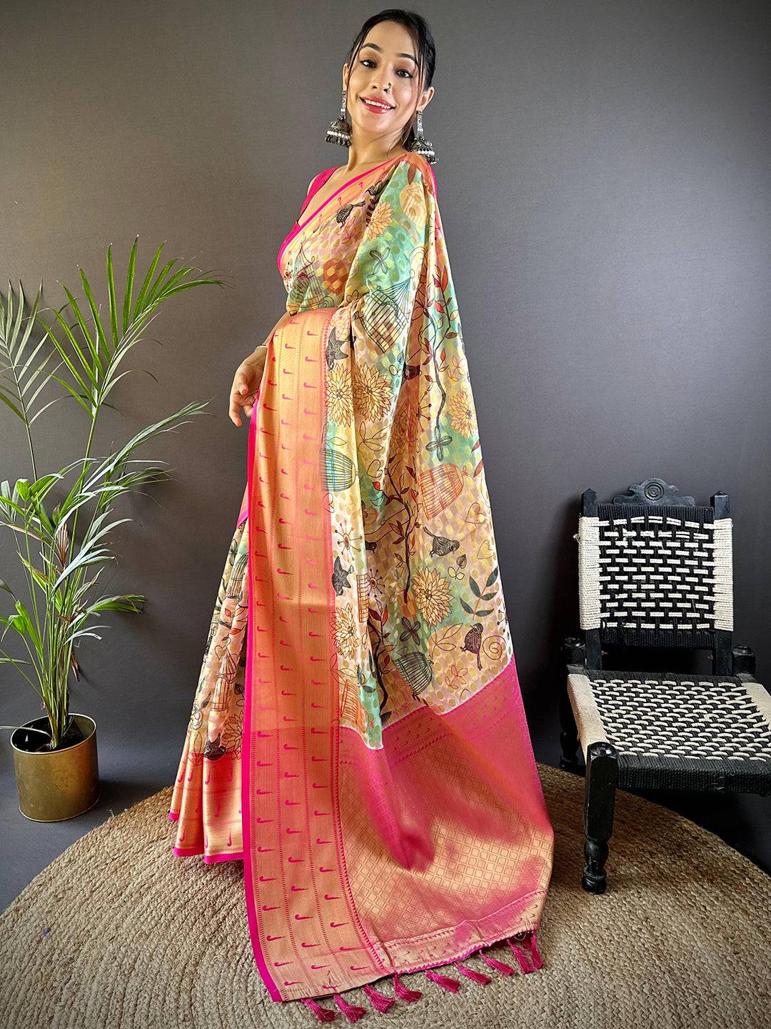 Multi Digital Paithani Kora Silk Saree by My Store