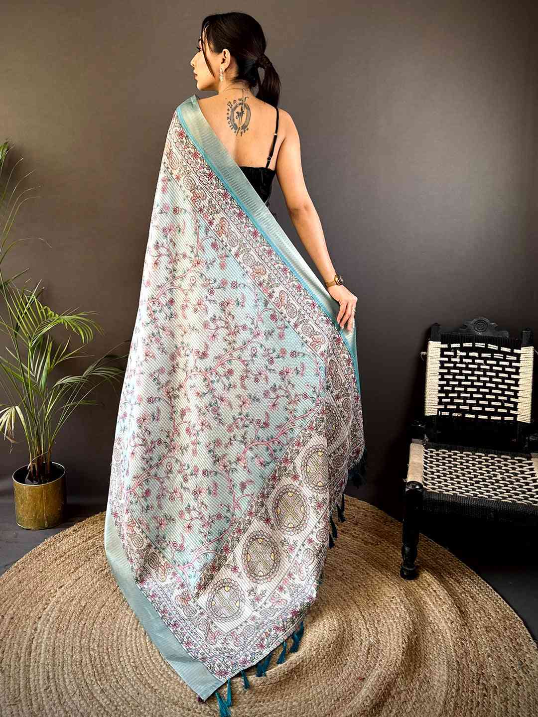 Mint Green Chanderi Madhubani Black Chex Saree by My Store