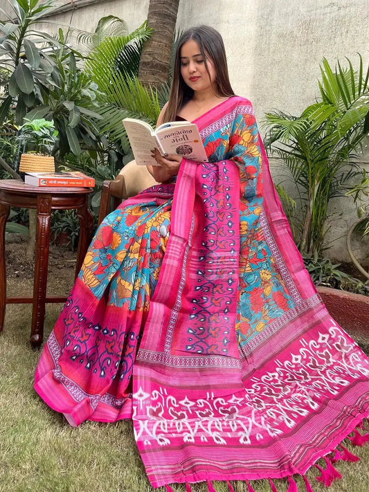 Floral Ikkat Printed Party Wear Saree by My Store
