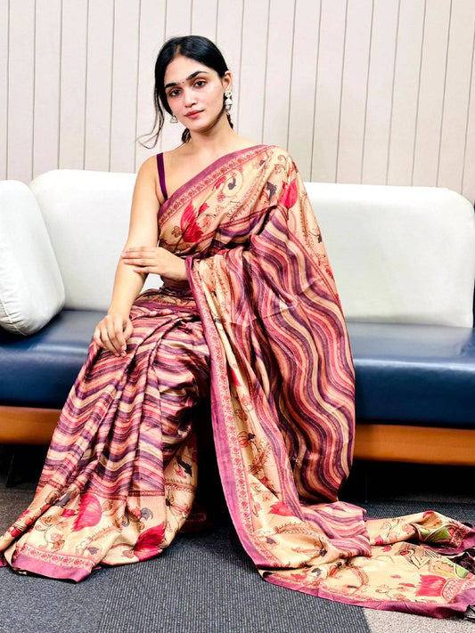 Wine Tussar Silk Kalamakri Flower With Leheriya Print Saree