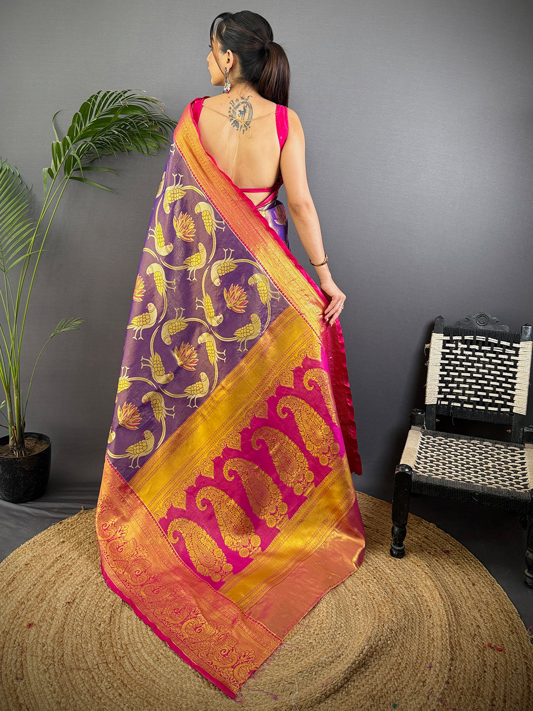 Purple Dharmavaram Gold Birds Print Saree by My Store