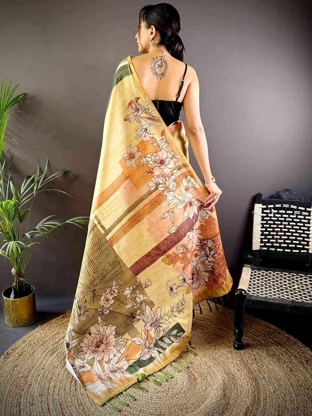 Light Yellow Tussar Zari Floral Saree by My Store