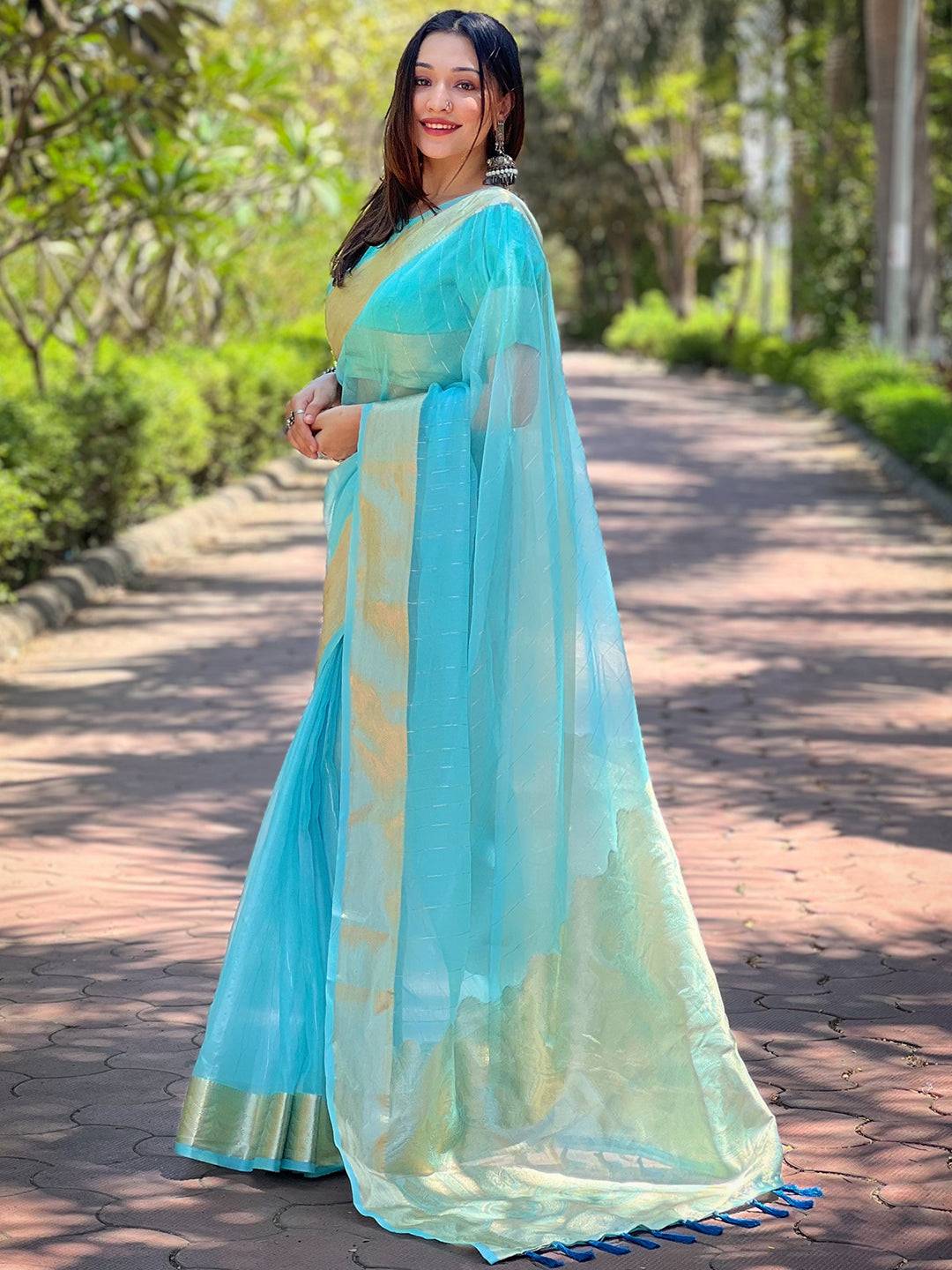 Turquoise Pure Viscose Organza Saree With Fine Gold Zari Weaving Border