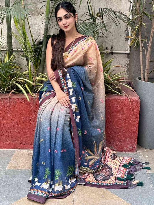 Soft Linen Ombre Pichwai Printed Blue Colour Saree by My Store