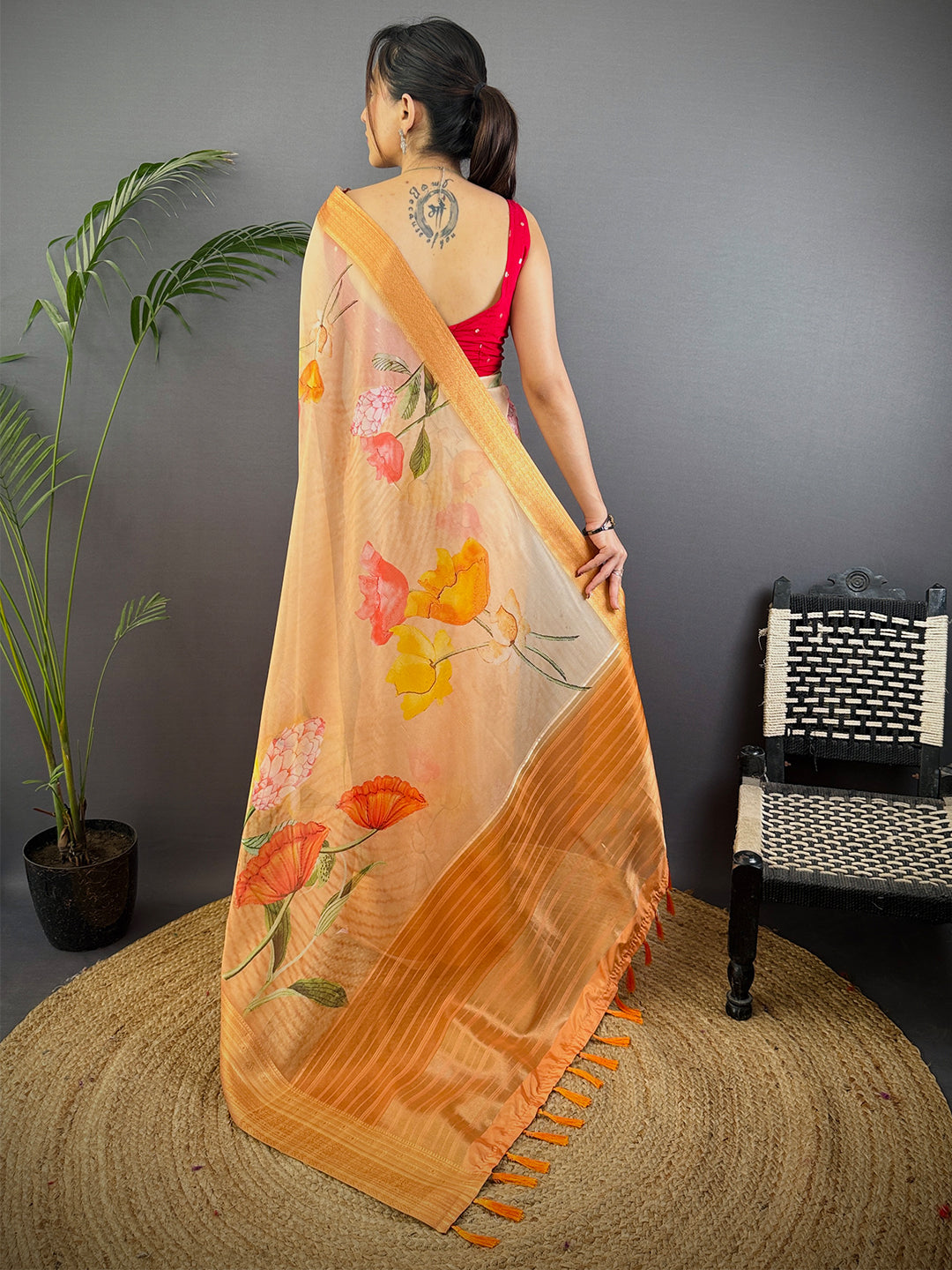 Orange Soft Organza Digital Print Saree by My Store