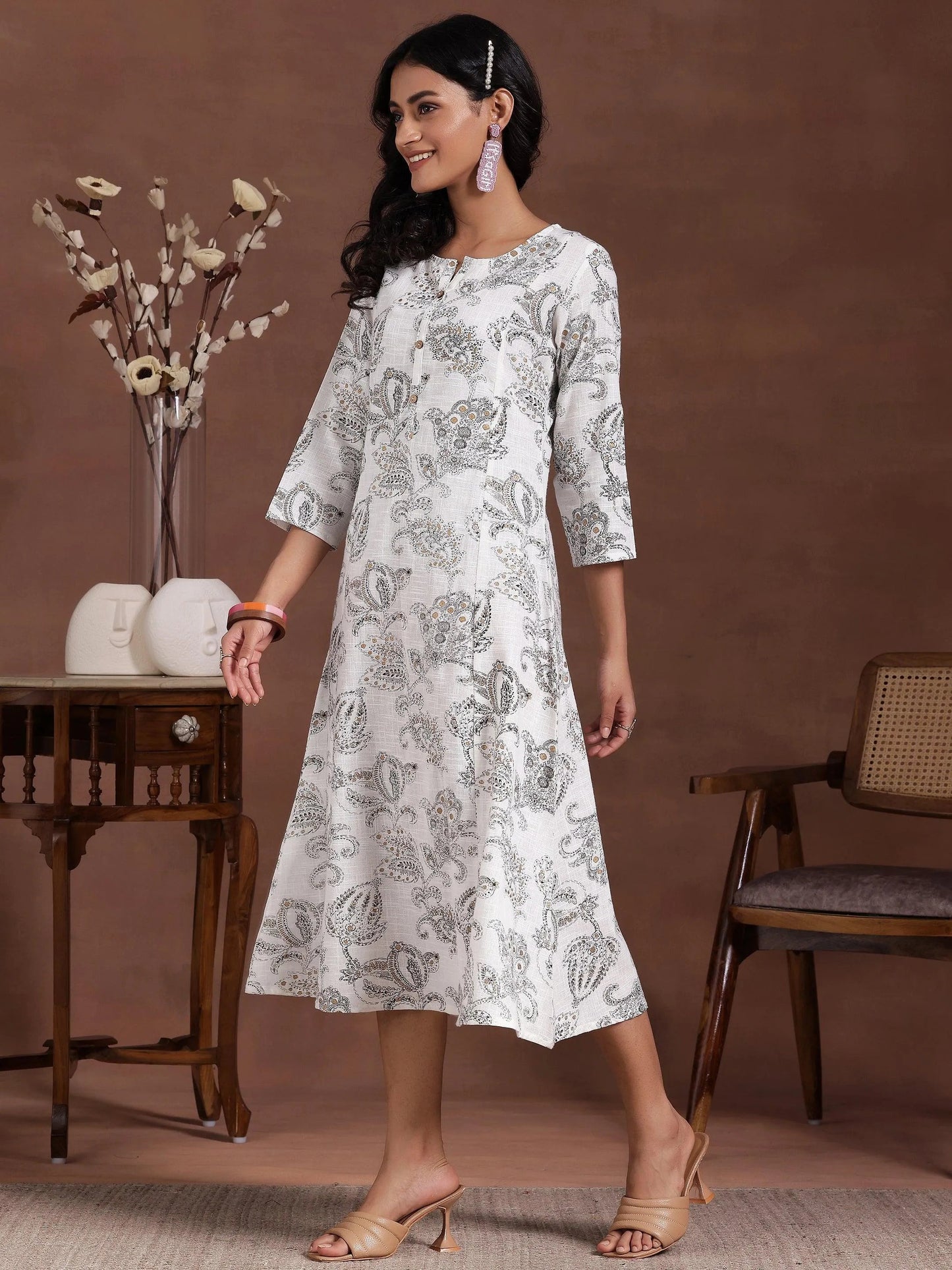 White Printed Cotton A-Line Dress