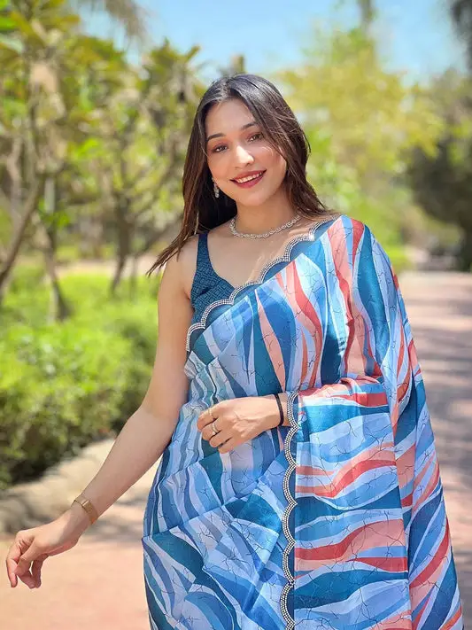 Blue Batik And Polka Dots Print Saree