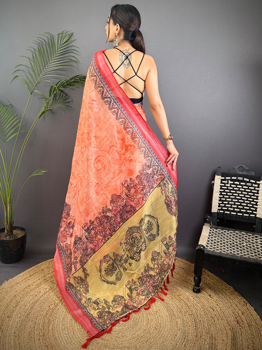 Red Linen Kalamkari Printed Saree by My Store
