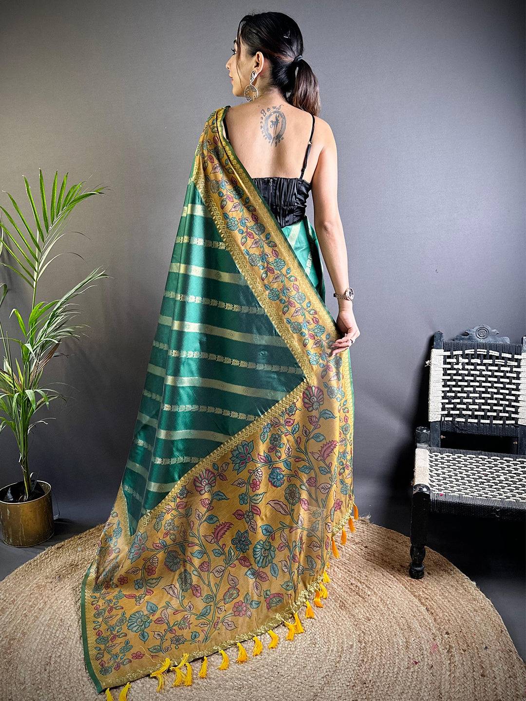 Green Gold Zari And Kalamkari Print Saree by My Store