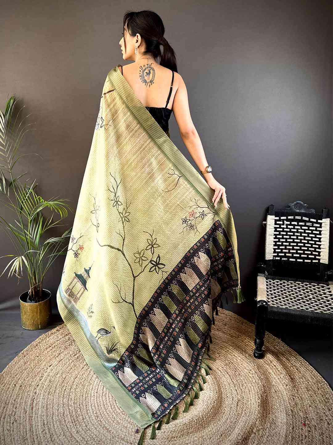 Sage Green Tussar Chex Japanese Print Saree