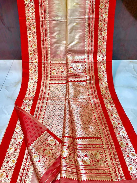Gold Zari Woven Cream Soft Silk Saree by My Store