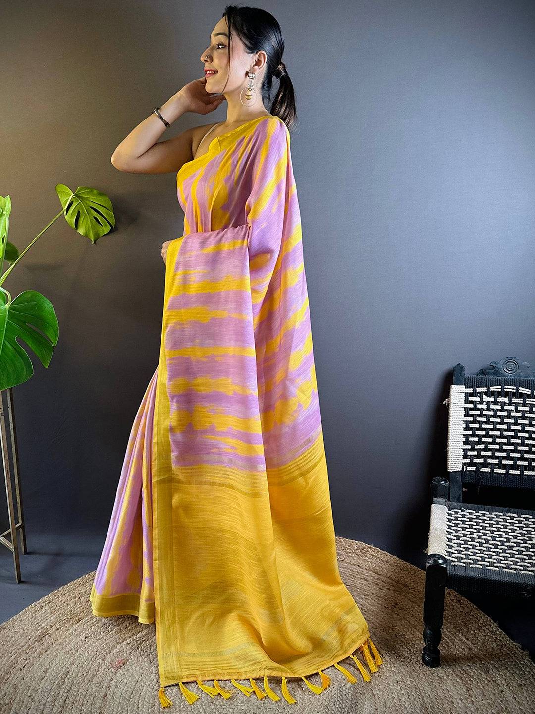 Lavender Shibori Print Linen Saree by My Store