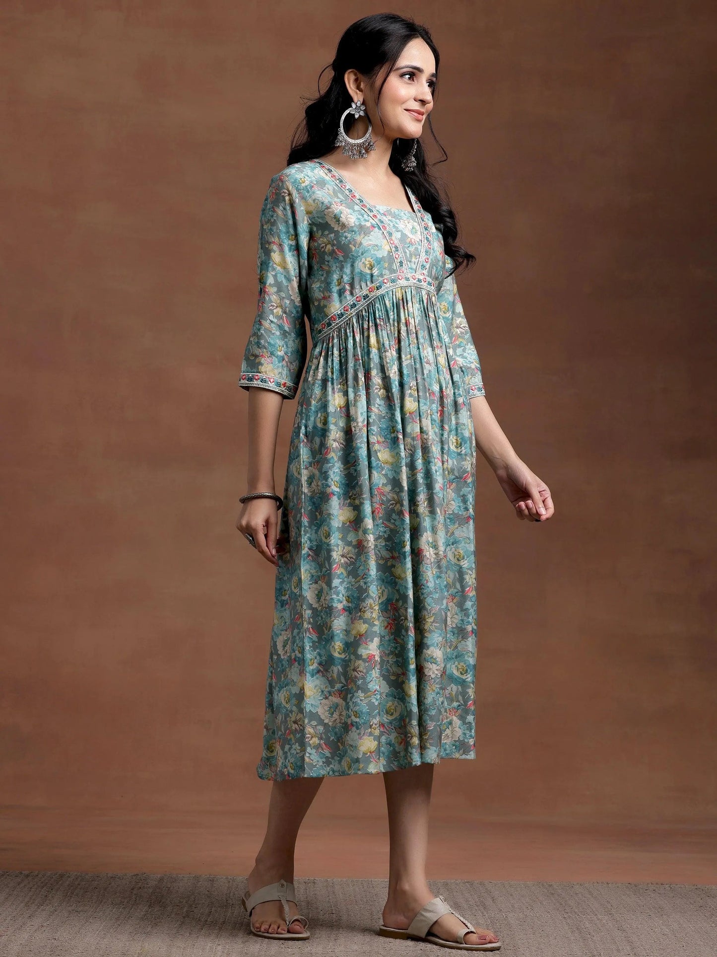 Grey Printed Silk Fit and Flare Dress