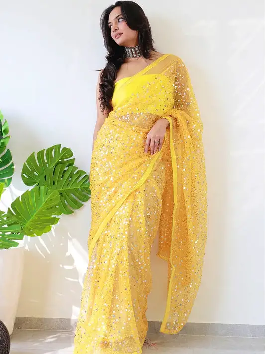 Beautiful Net Saree With Sequins Embroidery Work