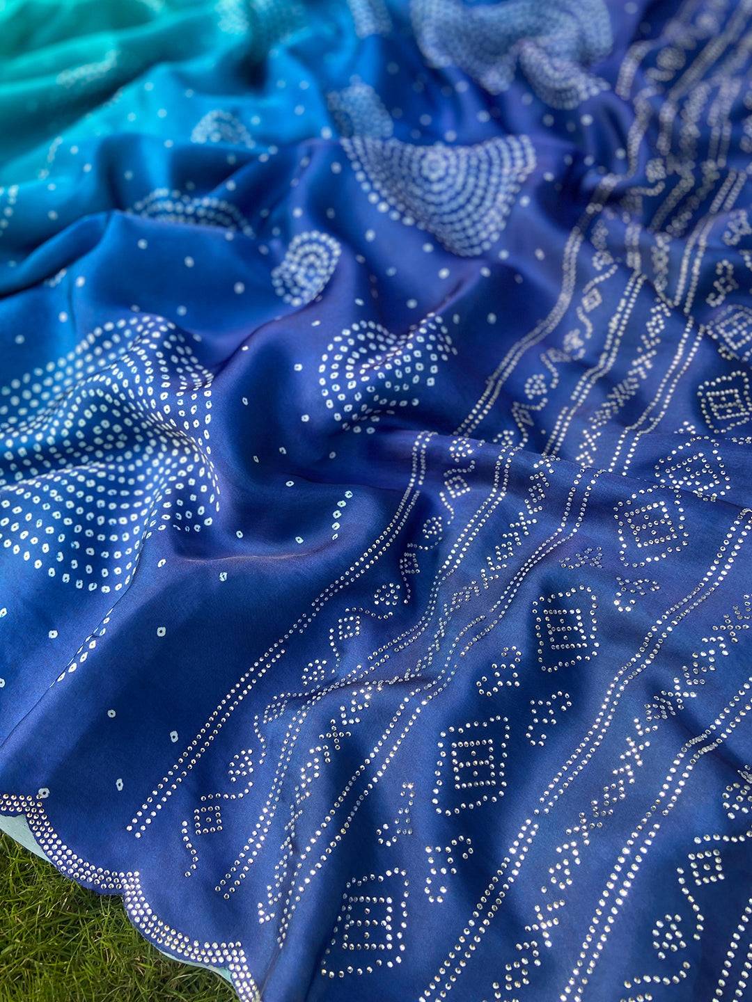 Turquoise Georgette Silk Saree with Ombre Bandhej Print & Swaroski Stone Work