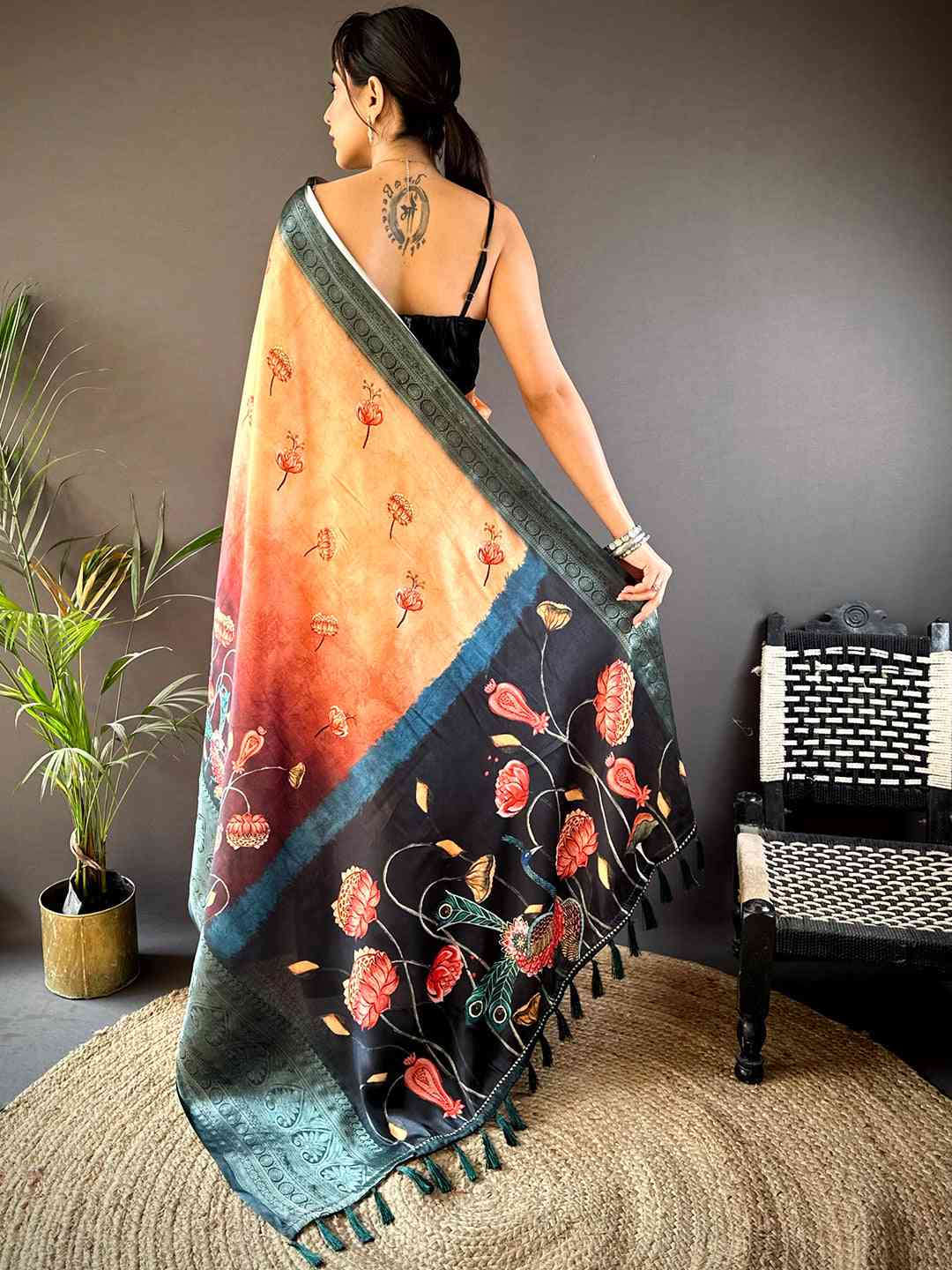 Orange Soft Silk Floral Ombre Print Saree by My Store