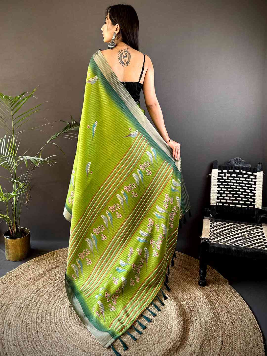 Green Chanderi Check Sparrow Print Saree by My Store