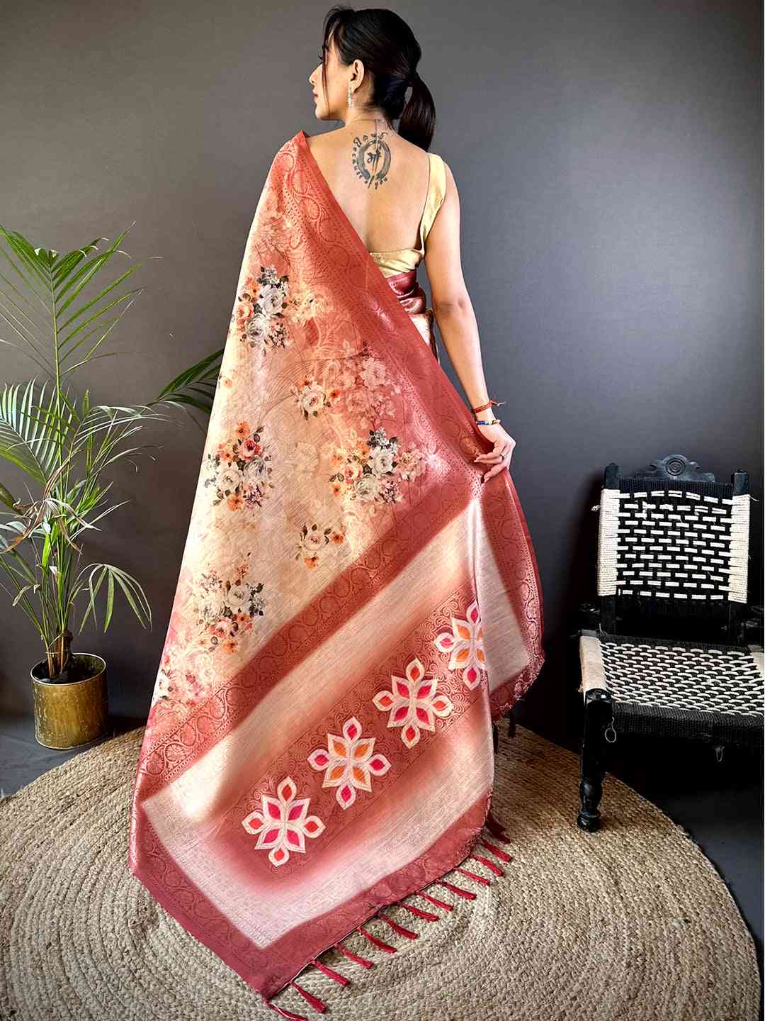 Red Slub Ghicha Zari Pallu Saree by My Store