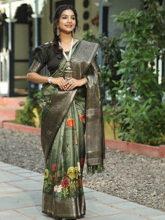 Dark Green Colour Pure Viscose Dola Silk Floral Print Saree - Luxe by My Store