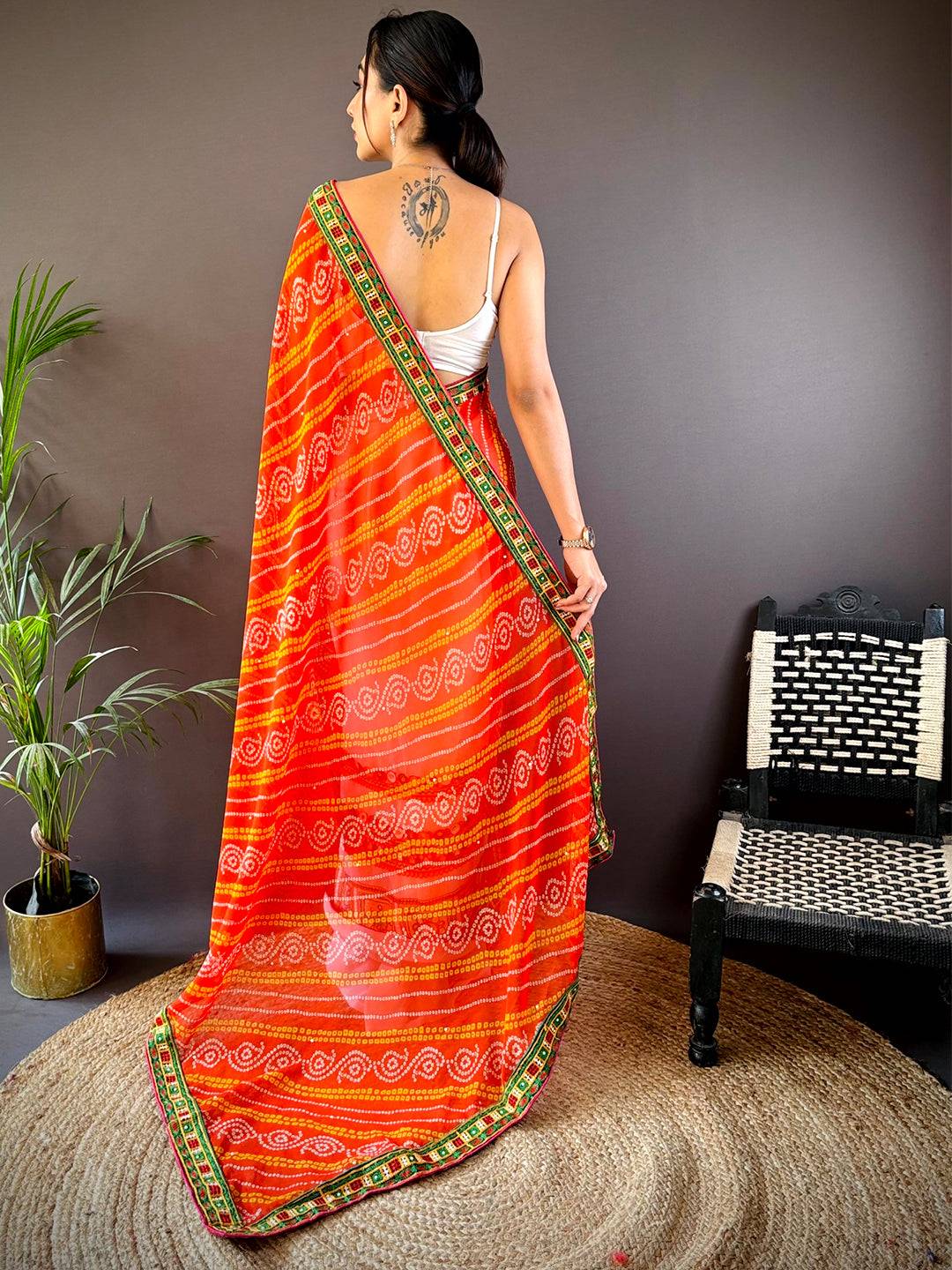 Orange Soft Georgette Katchi Embroidery Saree by My Store