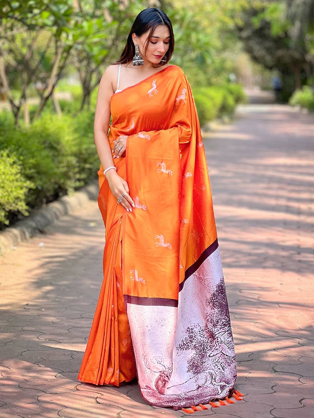 Orange Soft Silk Saree With Postar Weaving Zari Pallu by My Store