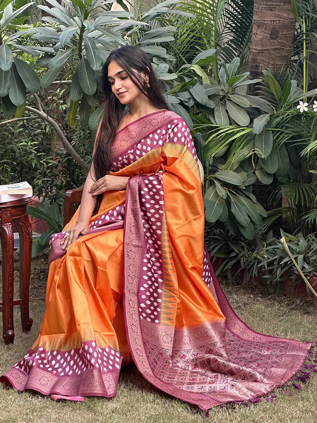 Pure Banarasi Soft Silk With Patola Pallu on Saree in Orange Colour by My Store