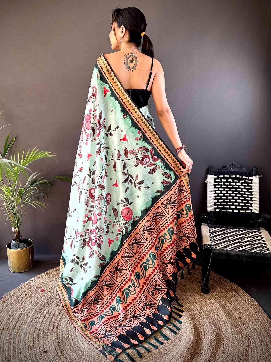 Mint Green Soft Silk Floral Saree by My Store