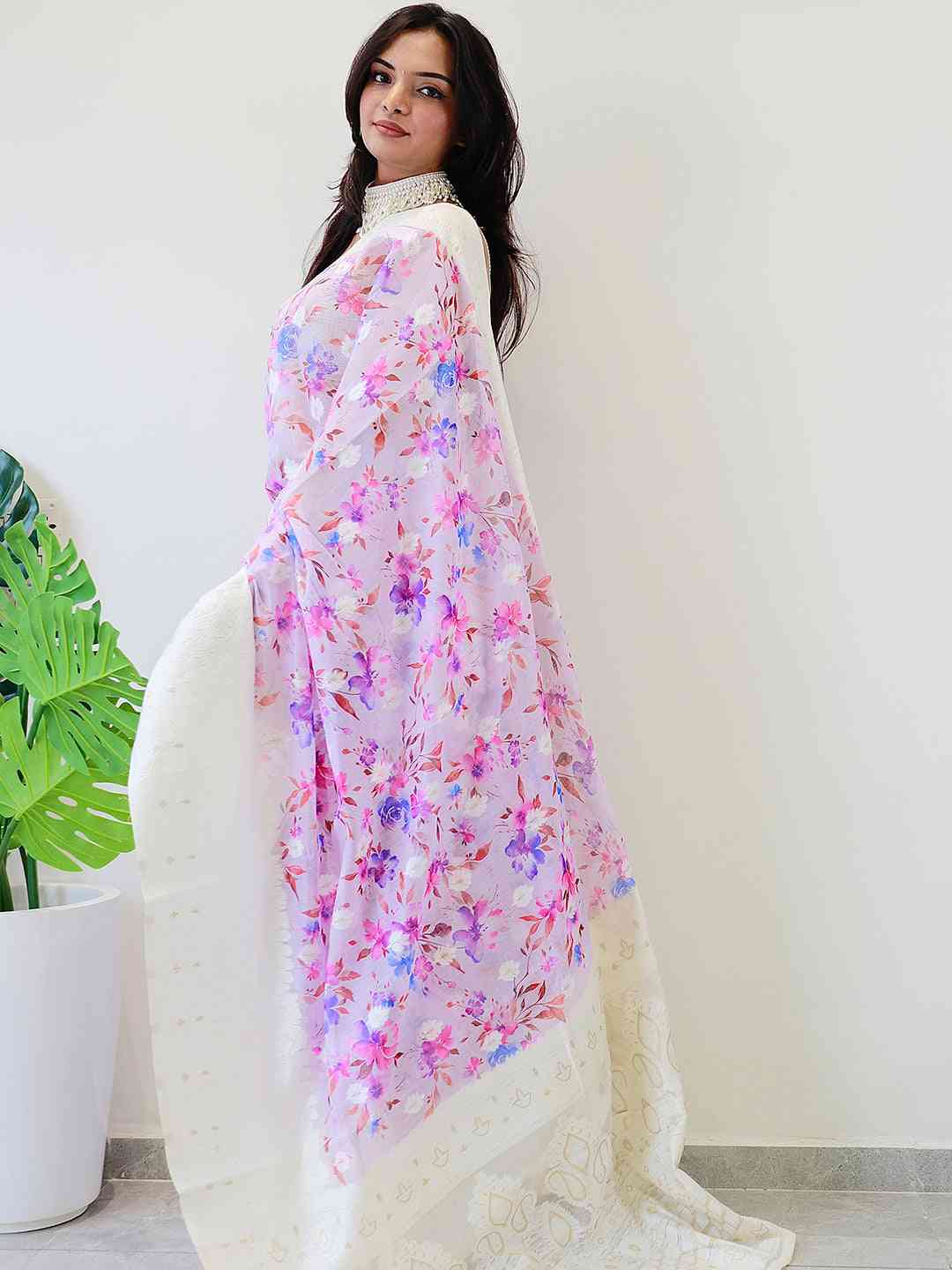 Multi Colour Digital Print Bollywood Saree in Lakhnavi Slub Pattern by My Store