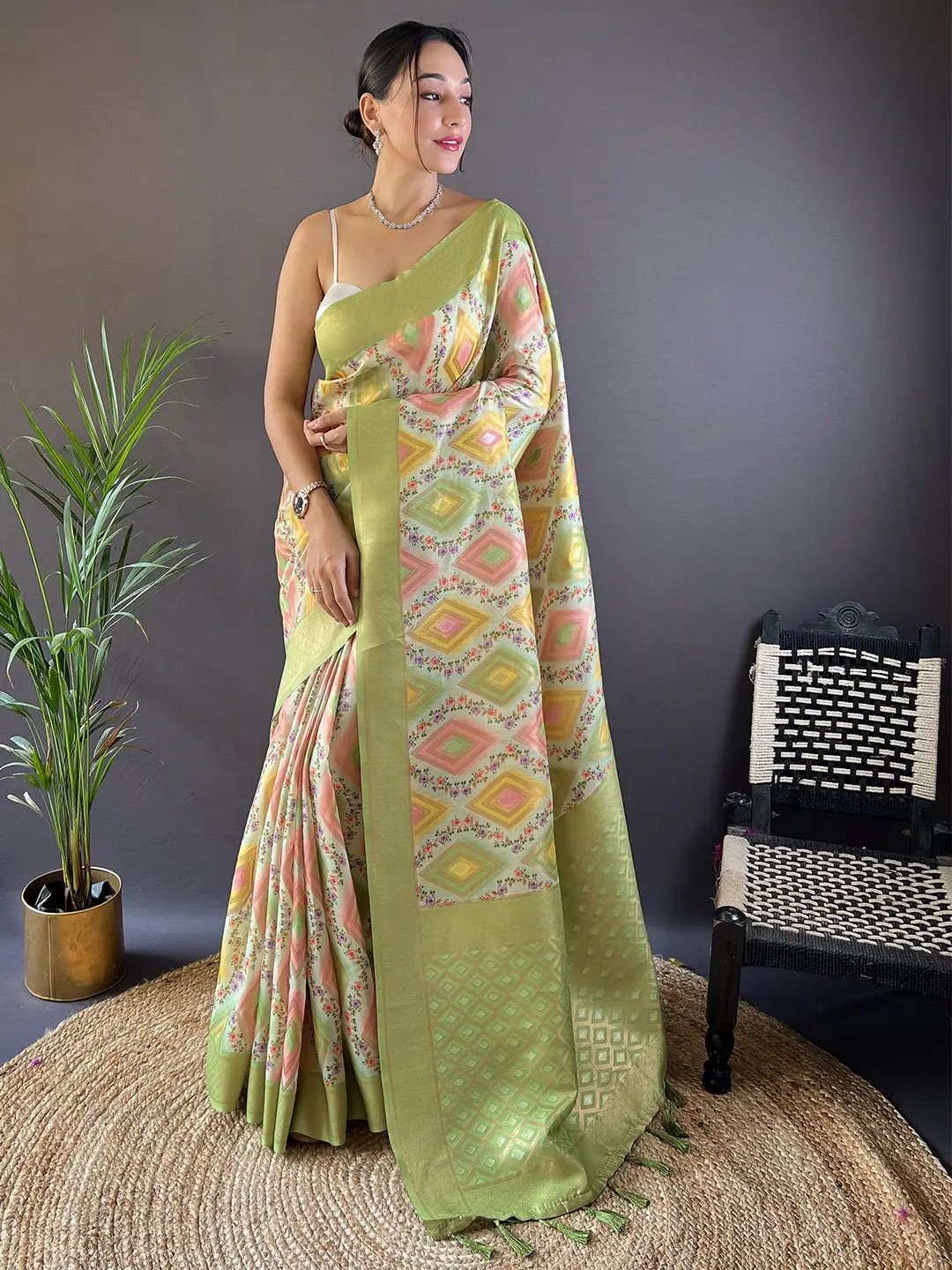 Jade Green Flower Vely Print Saree by My Store