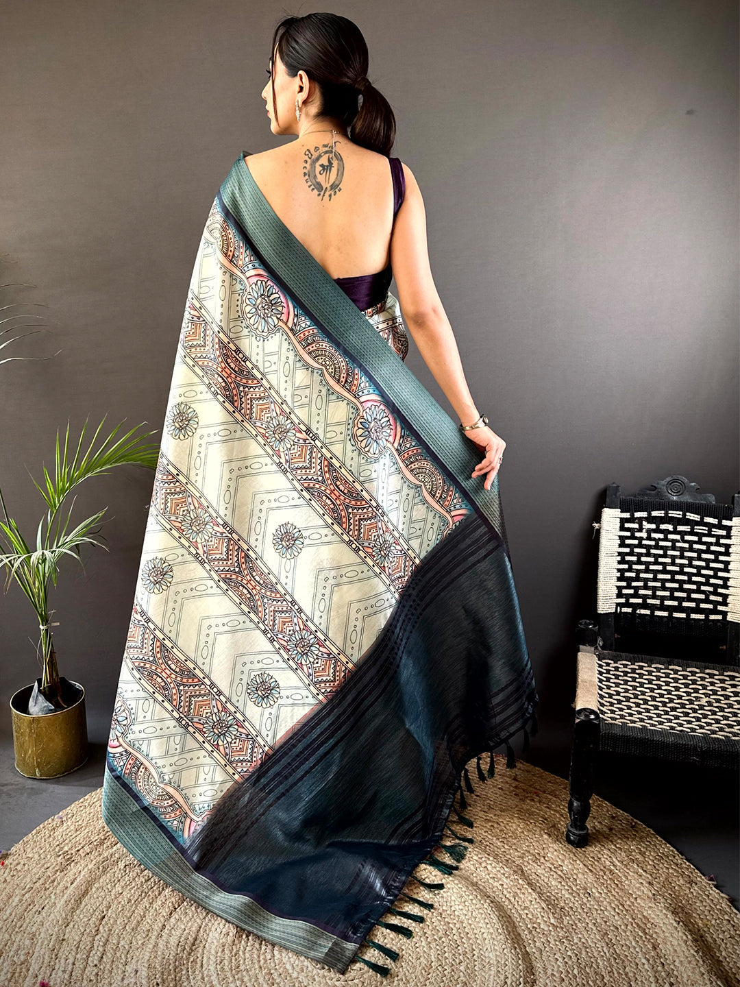 Off White Digital Kalamkari Printed Tussar Silk Saree by My Store