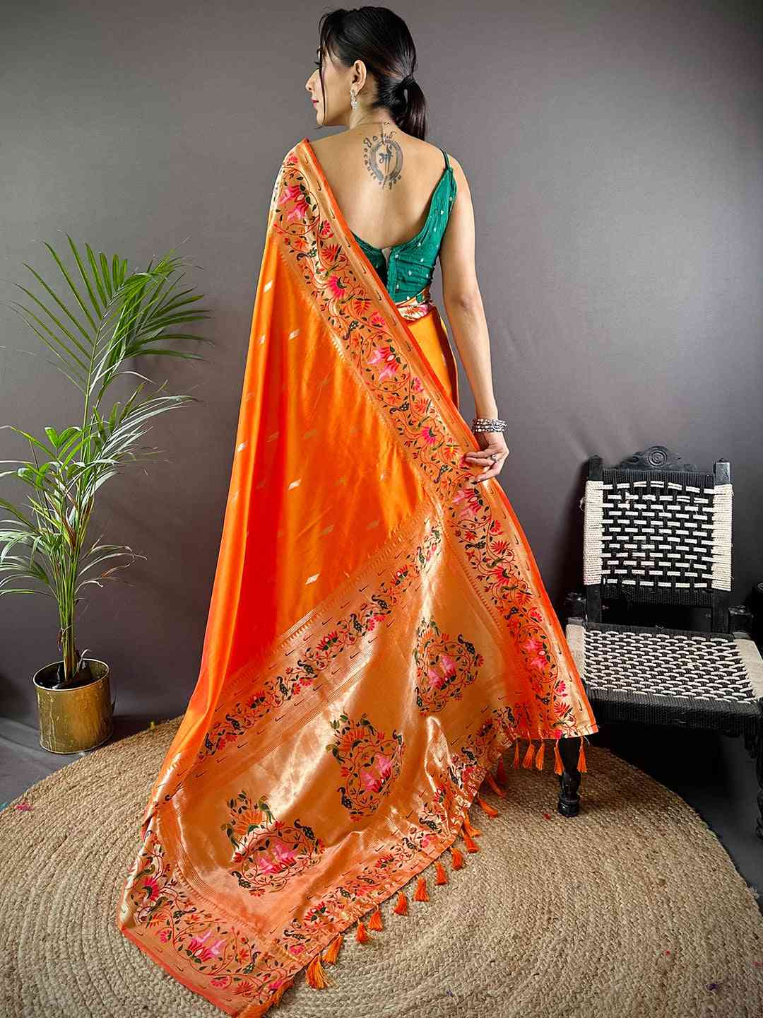 Orange Yevla Paithani Meenakari Saree by My Store