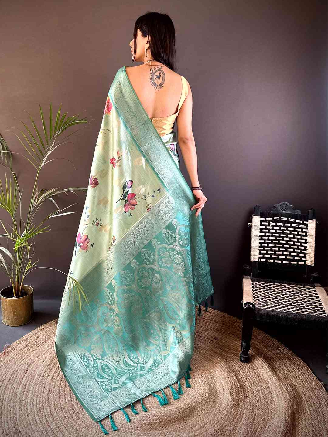 Mint Green Bamboo Silk Floral Saree by My Store